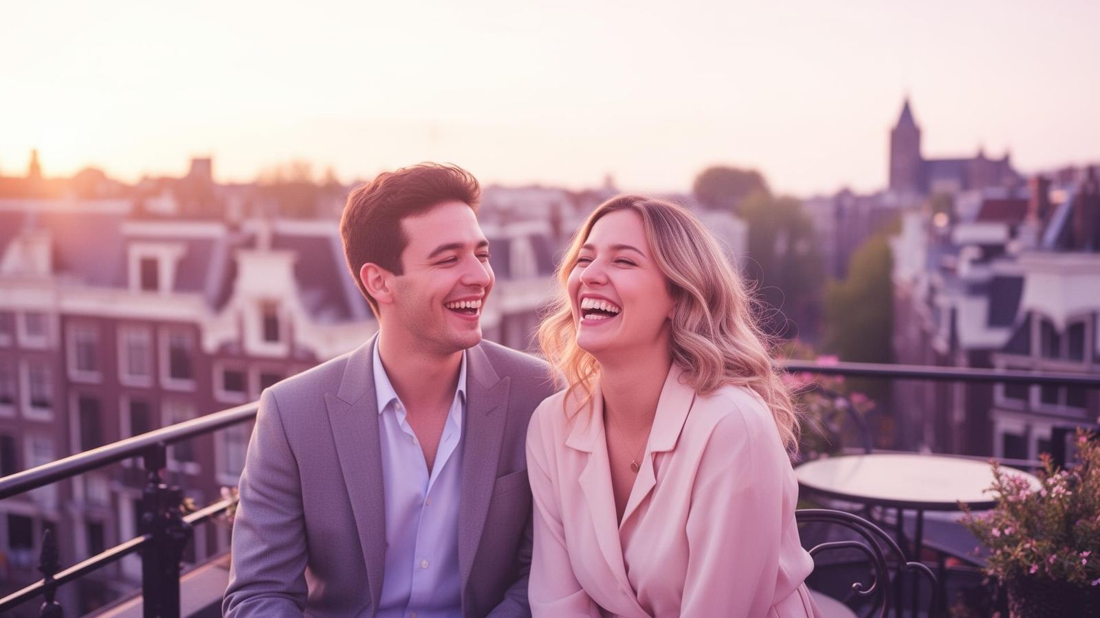 Stel lacht samen op een rooftop in Amsterdam
